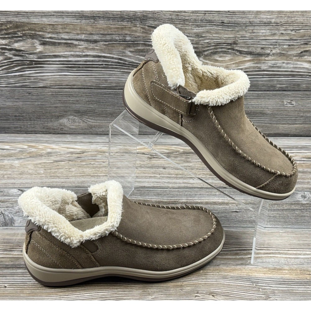 Orthofeet 80043 Women's Moccasin Slipper Leather Faux Fur Slip-On Brown Size 8.5